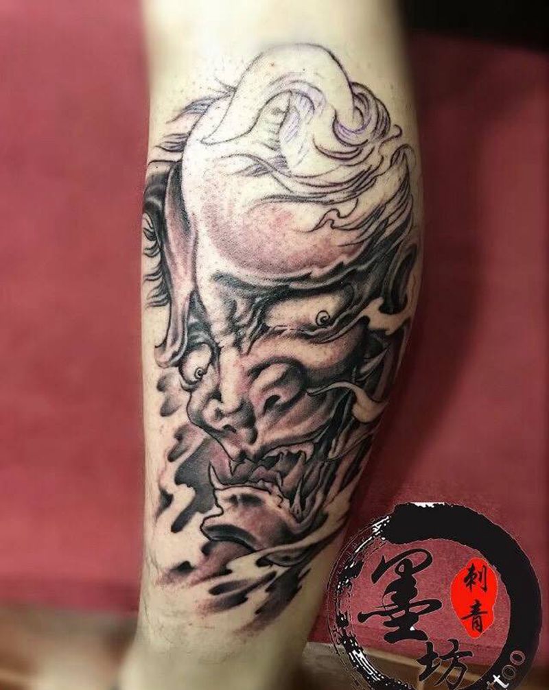 般若纹身图片_成品腿部传统鬼神纹身图案