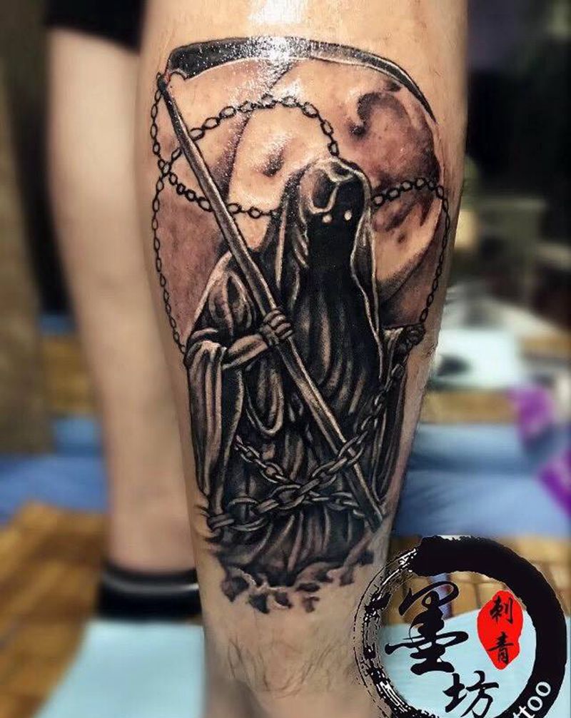 死神纹身图片_成品腿部鬼神纹身图案