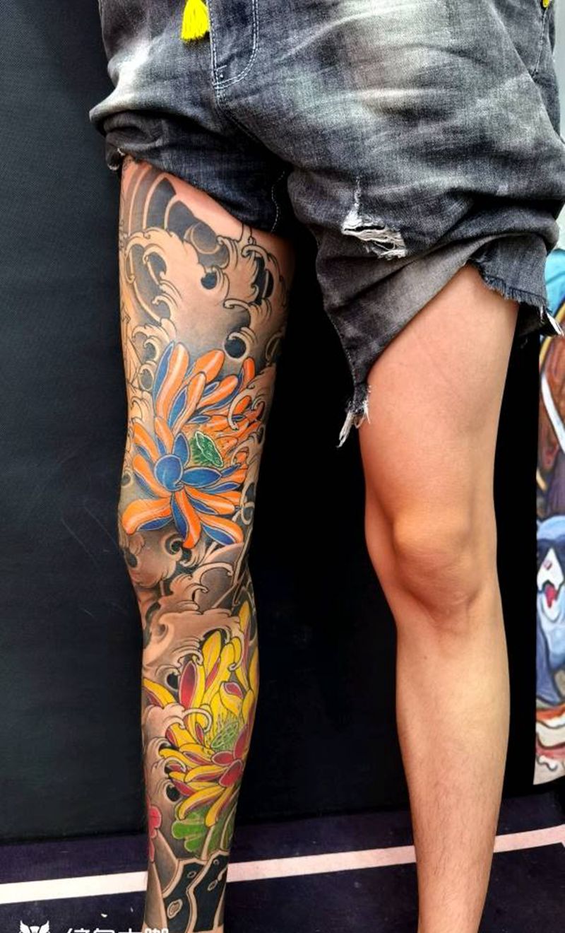 花腿作品纹身图片_腿部老传统新传统纹身图案