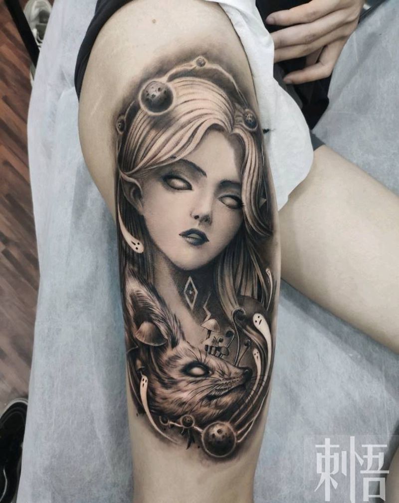白内障少女纹身图片_腿部欧美写实纹身图案