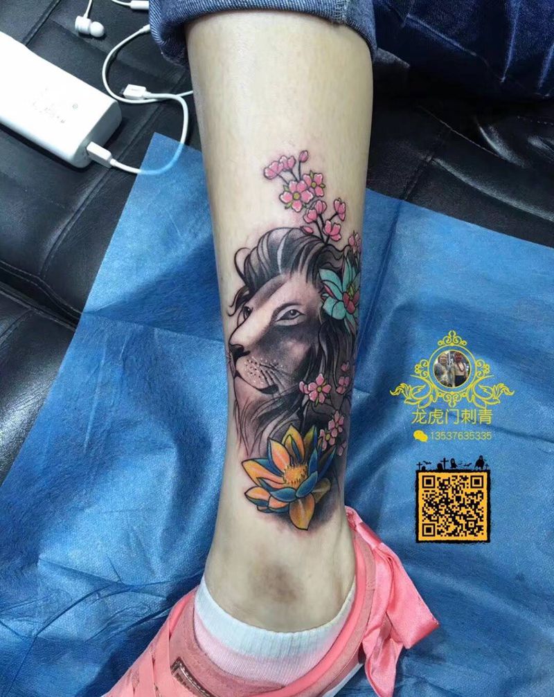 狮子头纹身图片_脚部纹身图案