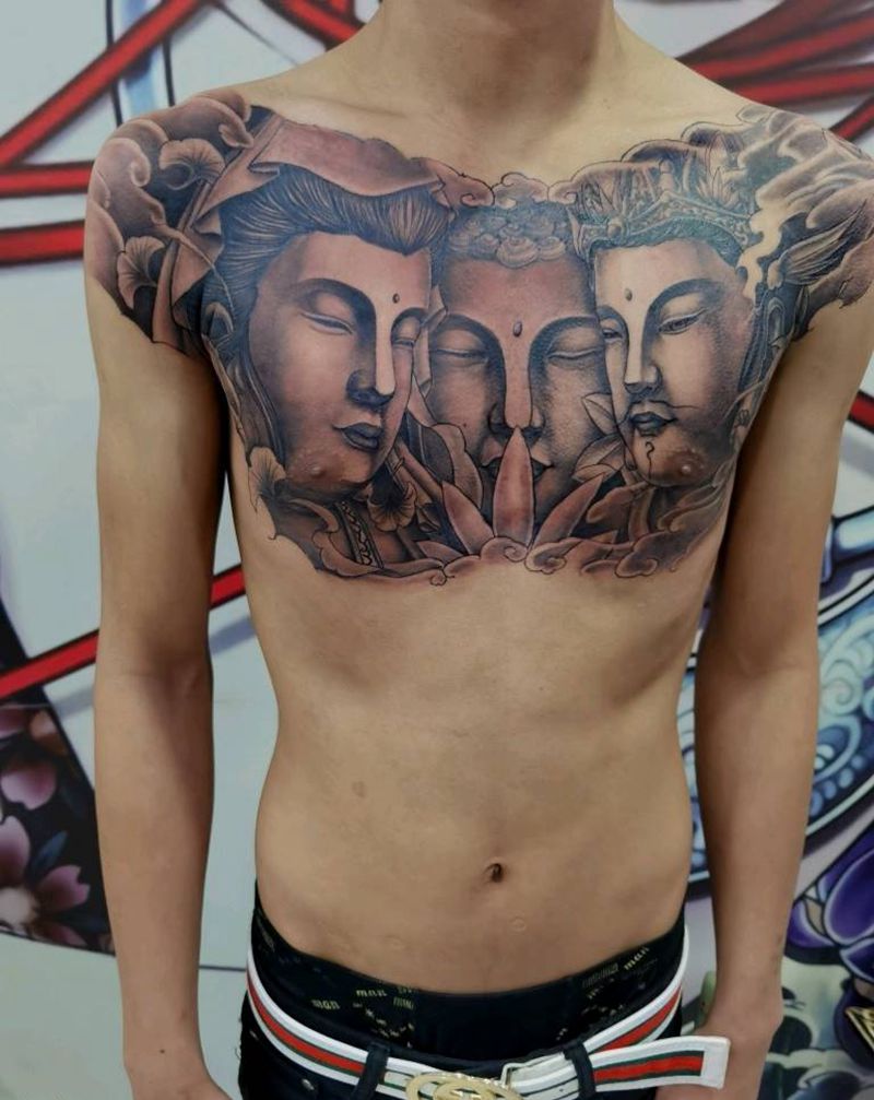 三面佛纹身图片_胸部欧美写实纹身图案