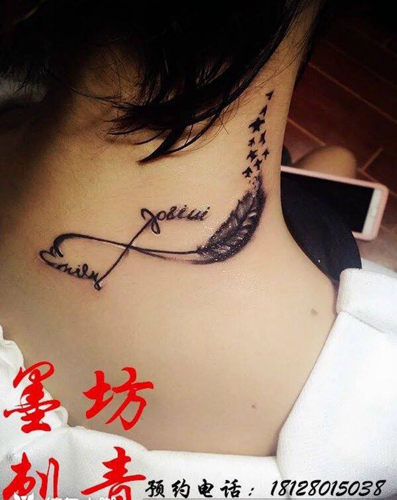 羽毛纹身图片_成品颈部清新纹身图案