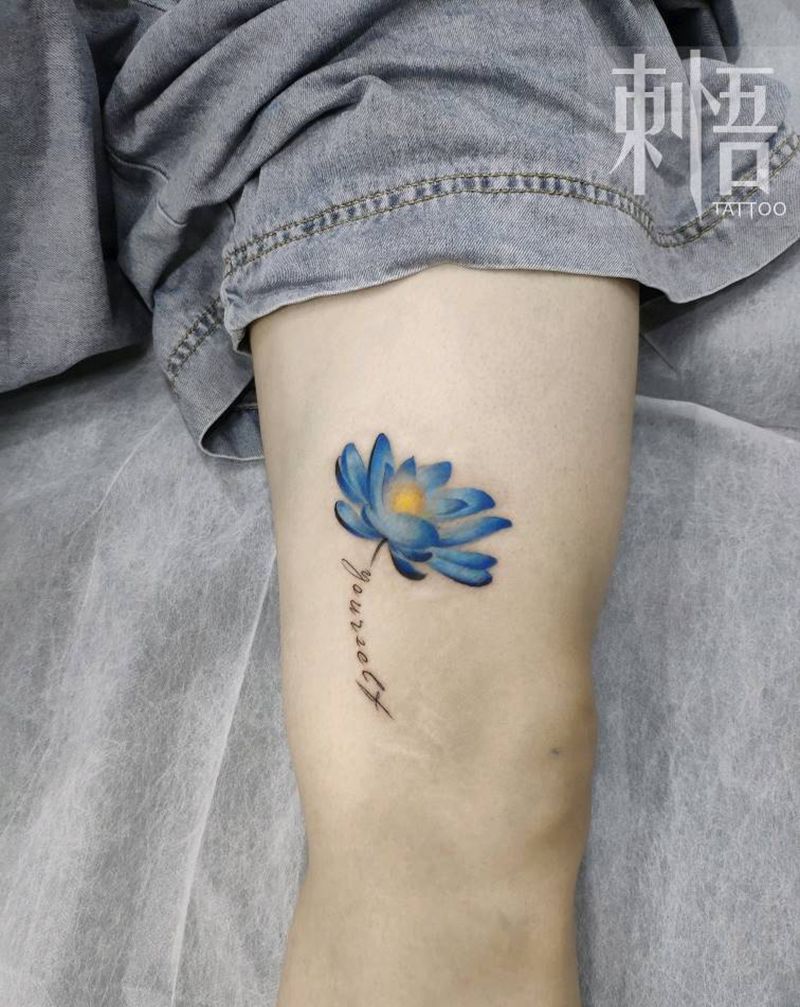 蓝莲花 遮盖疤痕纹身图片_水彩纹身图案