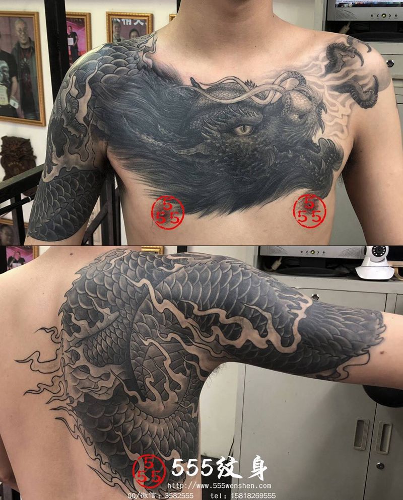 遮盖旧纹身纹身图片_背部新传统欧美写实纹身图案