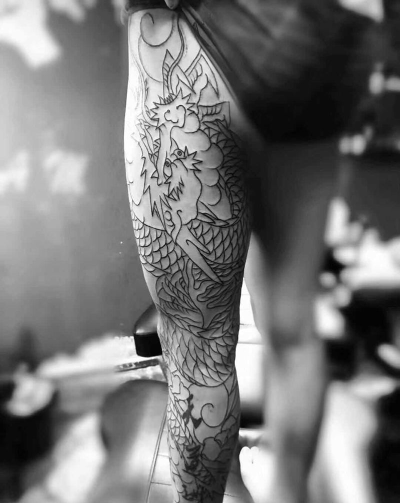 花腿纹身图片_腿部老传统纹身图案