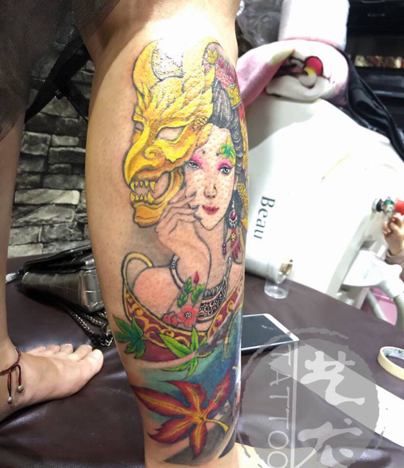 艺妓遮盖纹身图片_腿部老传统纹身图案