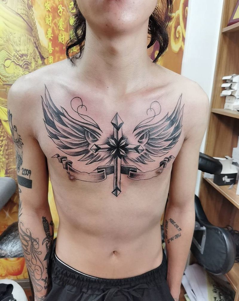 天使纹身图片_胸部新传统纹身图案