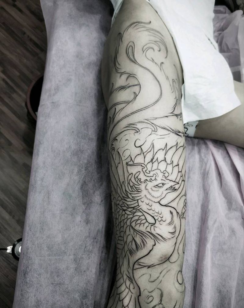 凤凰花腿走线纹身图片_腿部新传统纹身图案