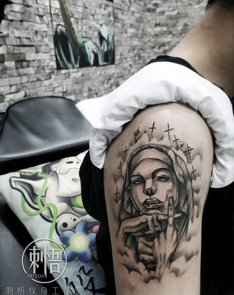 修女纹身图片_手臂点刺纹身图案