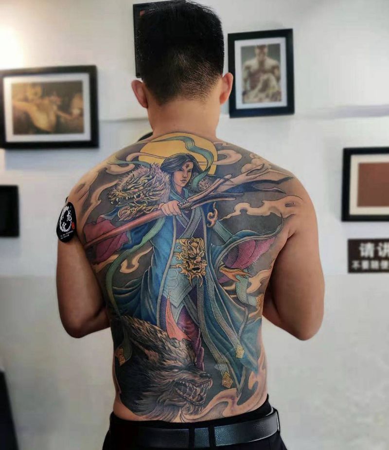 二郎神纹身图片_背部新传统纹身图案