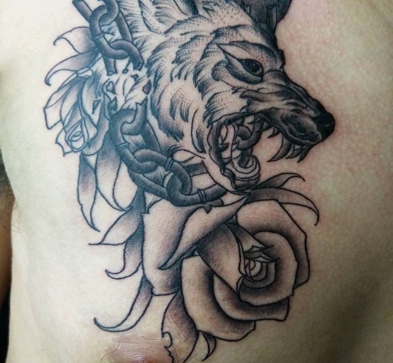 狼头，玫瑰纹身图片