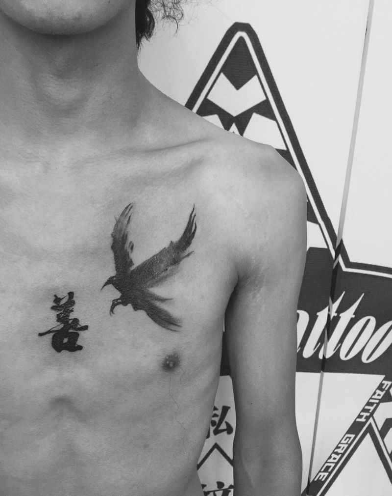 字体乌鸦水墨纹身图片