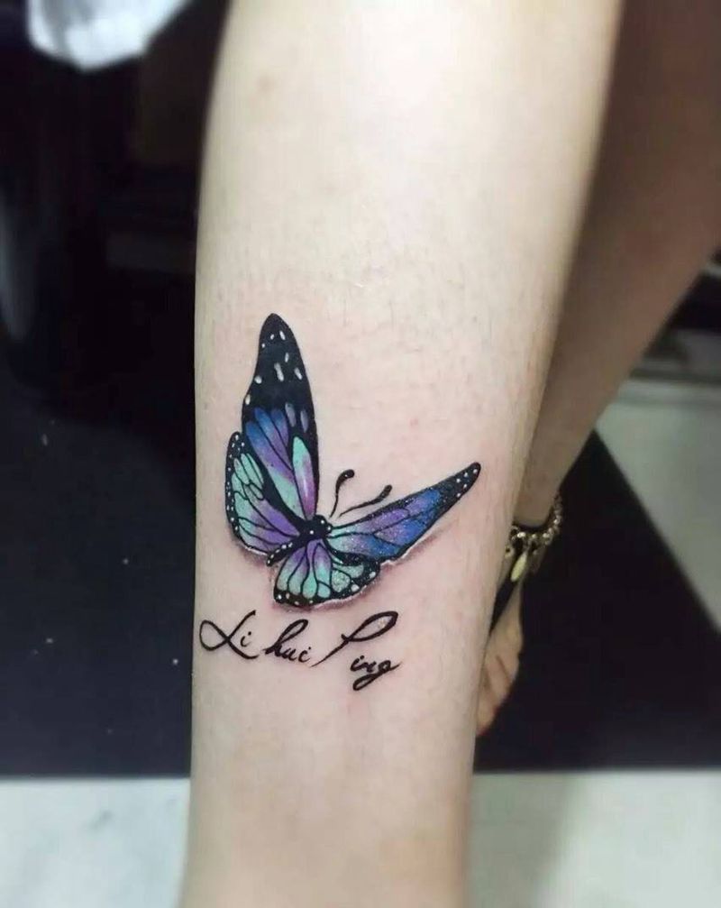彩色蝴蝶纹身图片_腿部清新动物纹身图案