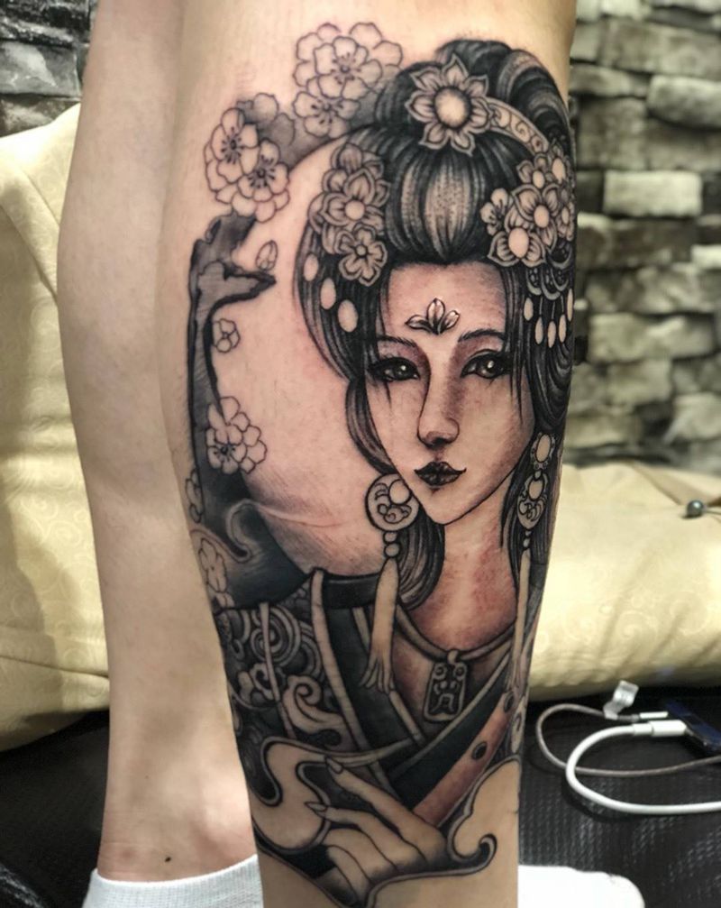 艺妓纹身图片_成品腿部人物纹身图案