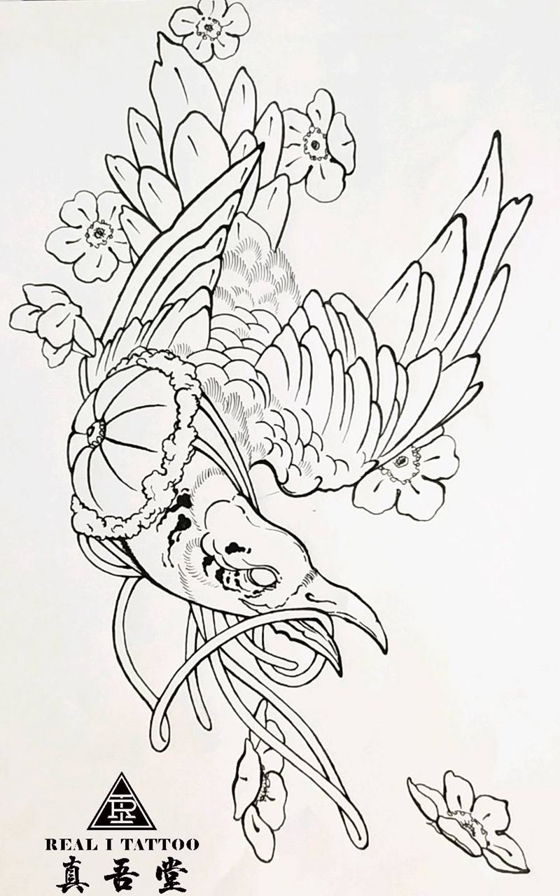 近期手稿纹身图片_肩部手臂腿部欧美传统国画几何动物手稿纹身图案