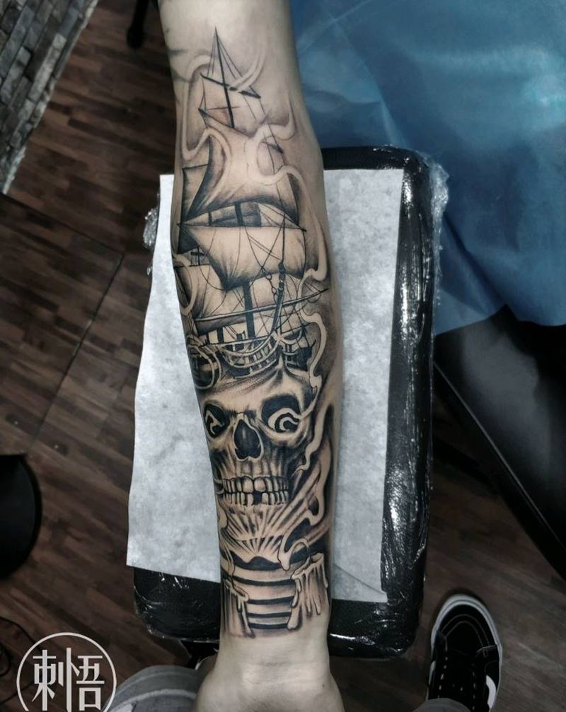 帆船骷髅纹身图片_欧美写实纹身图案
