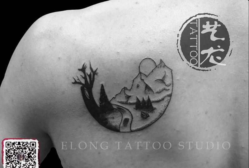 点刺 风景纹身图片_成品背部清新欧美静物纹身图案