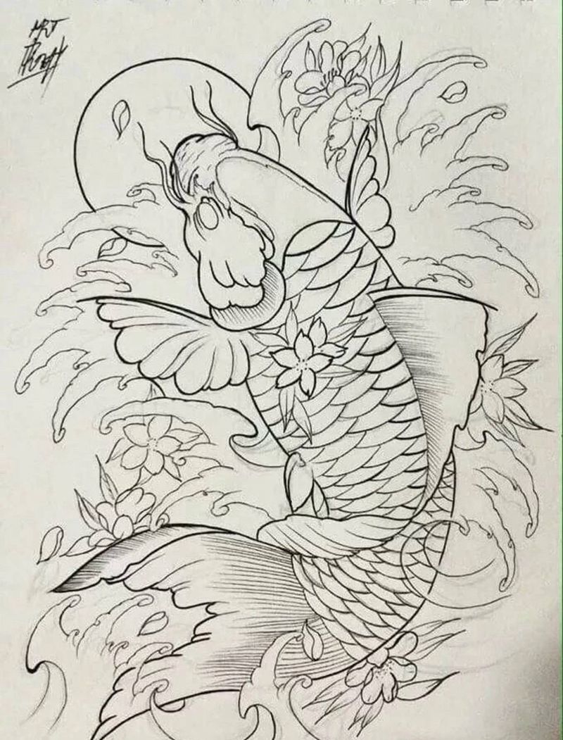 鲤鱼线稿纹身图片