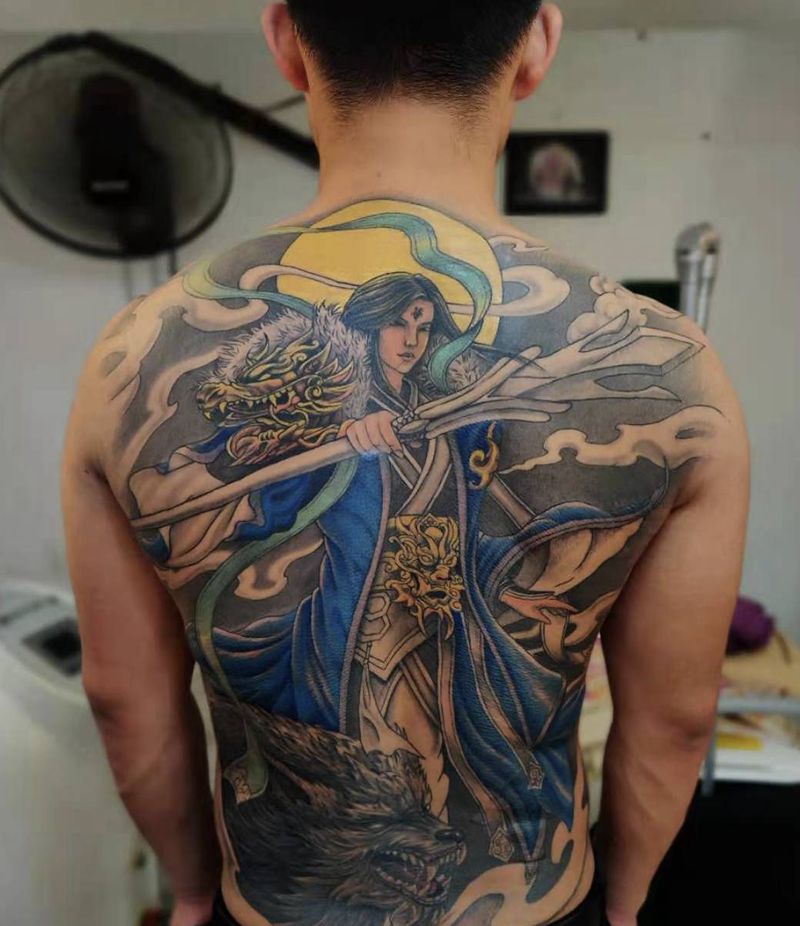 二郎神纹身图片_背部新传统纹身图案