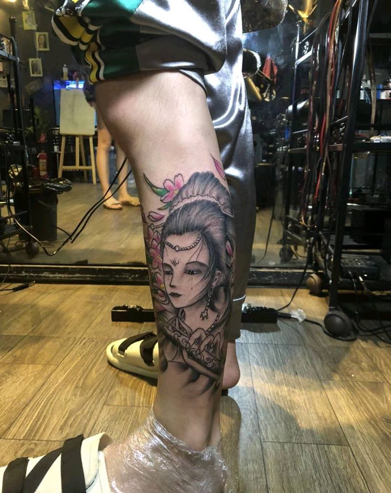 艺妓纹身图片_腿部老传统纹身图案