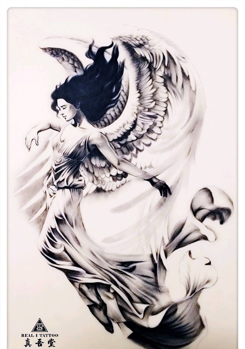 天使纹身图片_肩部背部手臂腿部欧美肖像写实人物宗教成品纹身图案