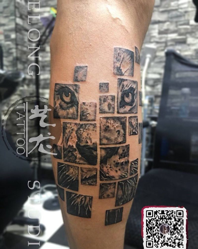 另类几何体写实 “狮子”纹身图片_成品脚部欧美写实动物纹身图案