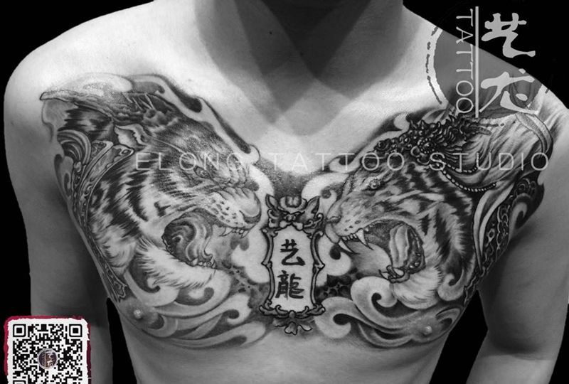 大 V 双虎纹身图片