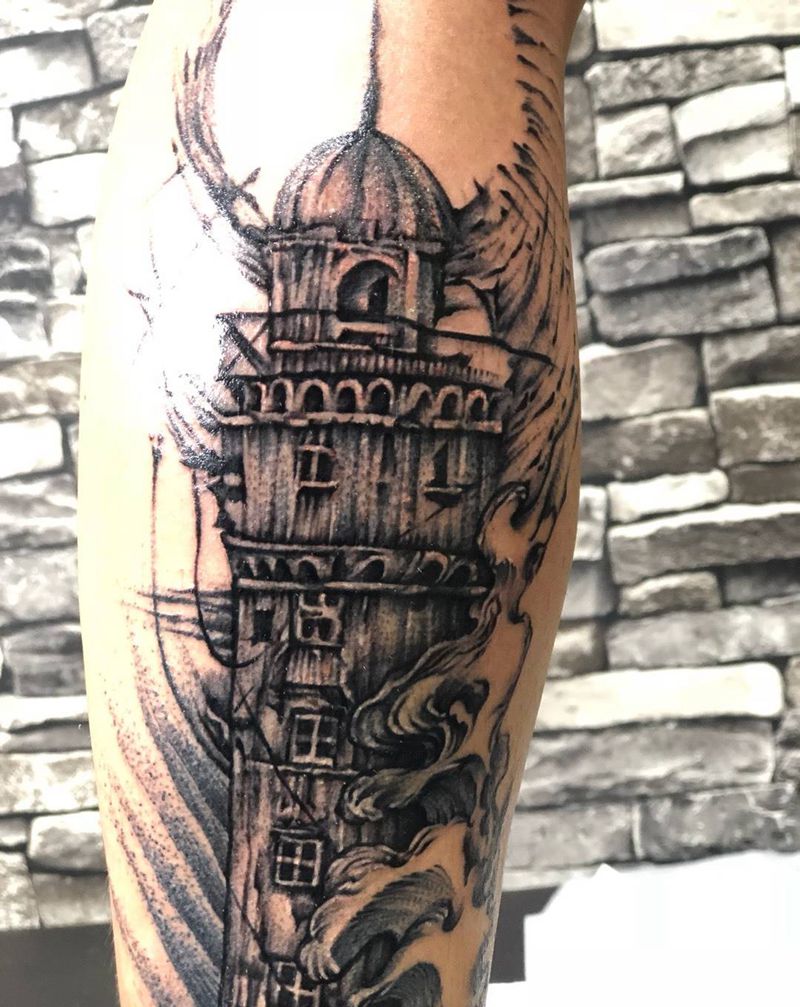 灯塔纹身图片_成品腿部欧美静物纹身图案