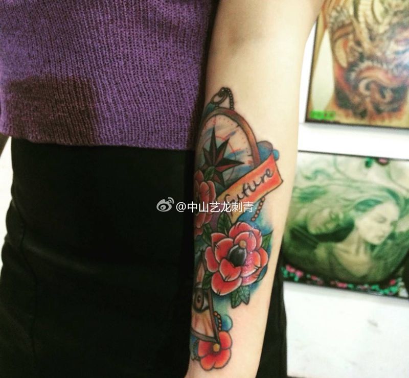 oldschool，指南花针纹身图片_成品手臂欧美植物字符静物纹身图案