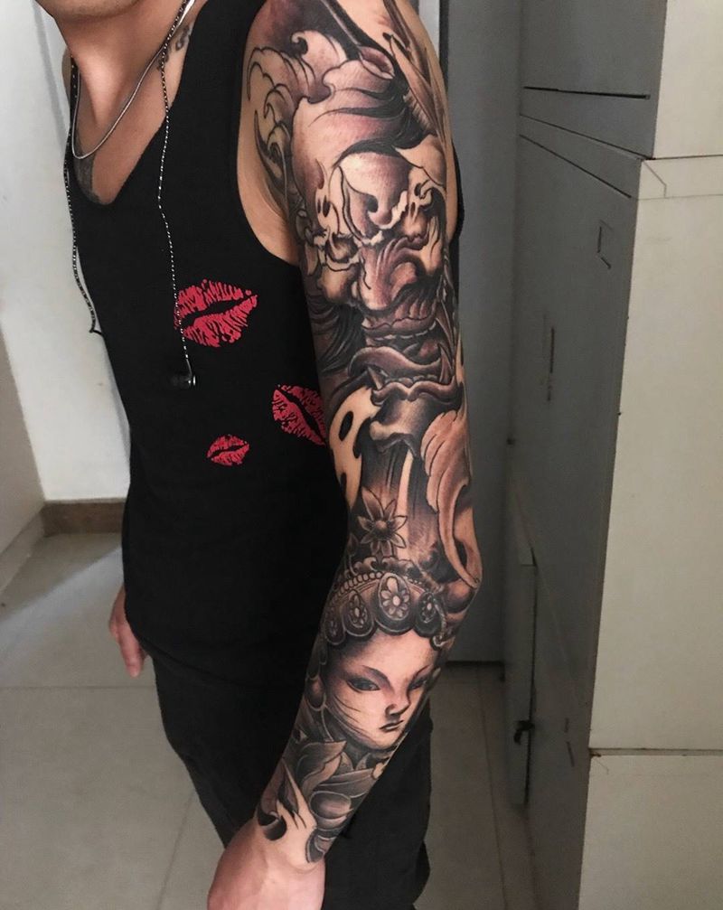 花臂纹身纹身图片_成品手臂传统人物鬼神纹身图案