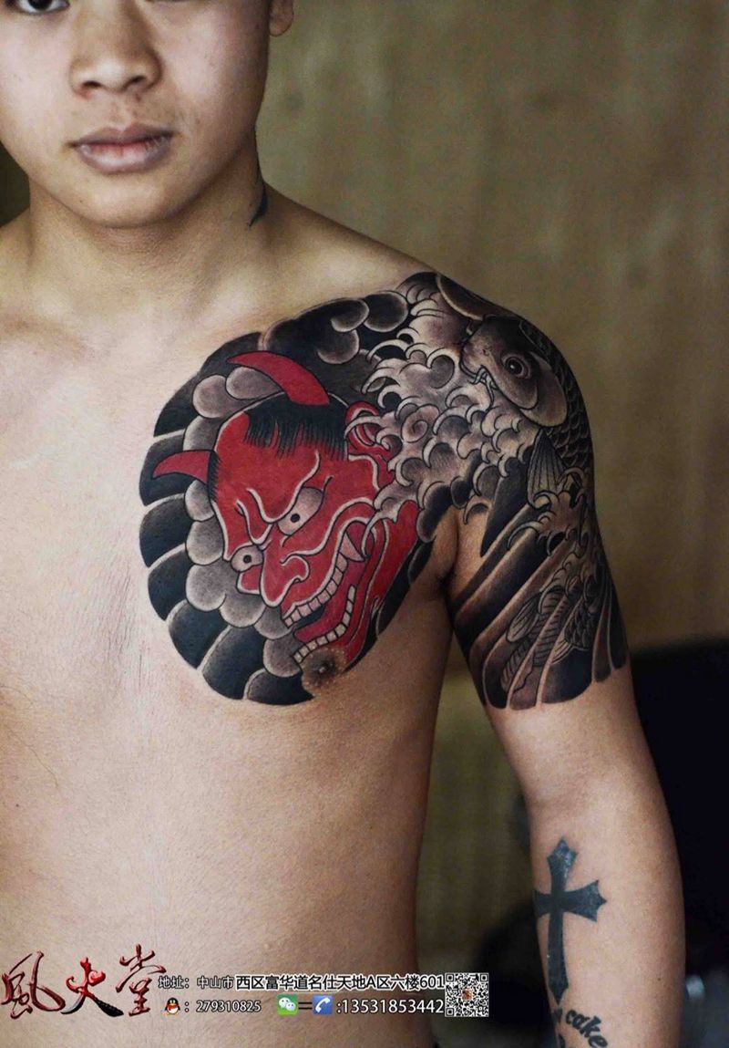 日式传统半甲纹身纹身图片_成品手臂胸部传统鬼神纹身图案
