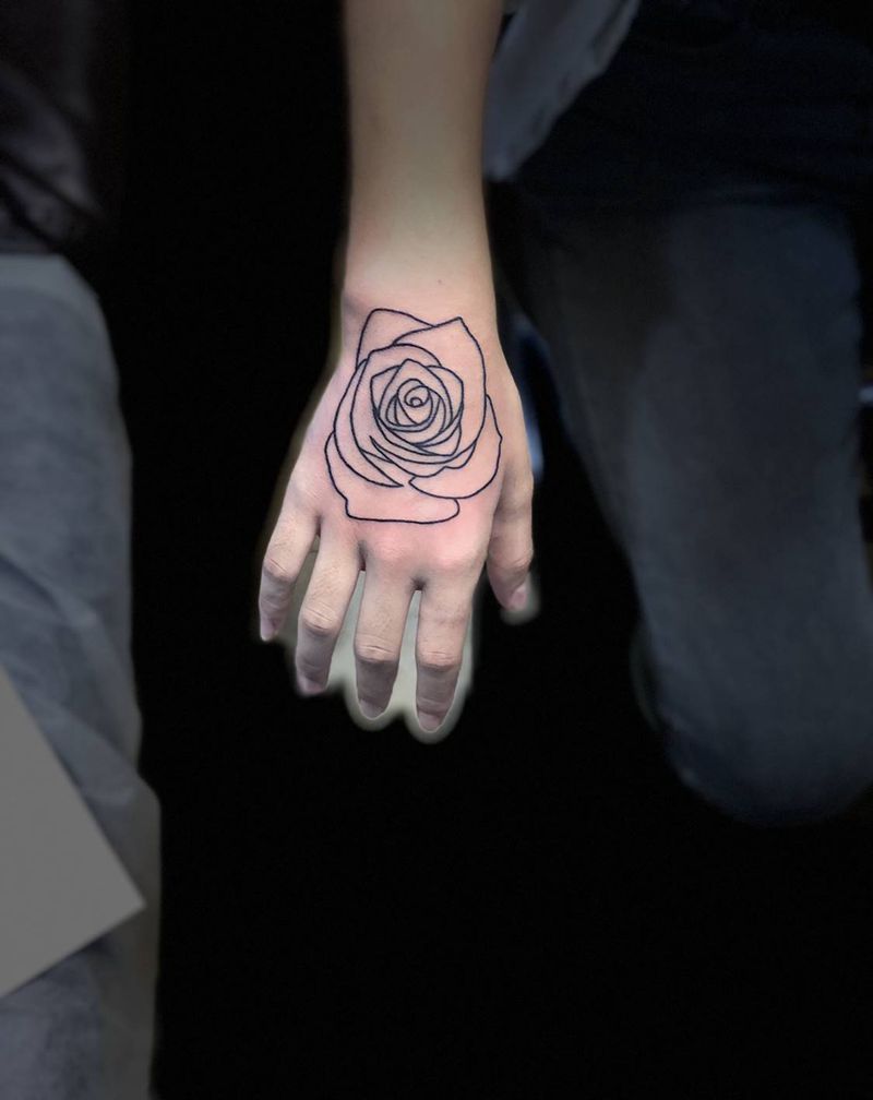 手背玫瑰线条纹身图片_手部Old School纹身图案