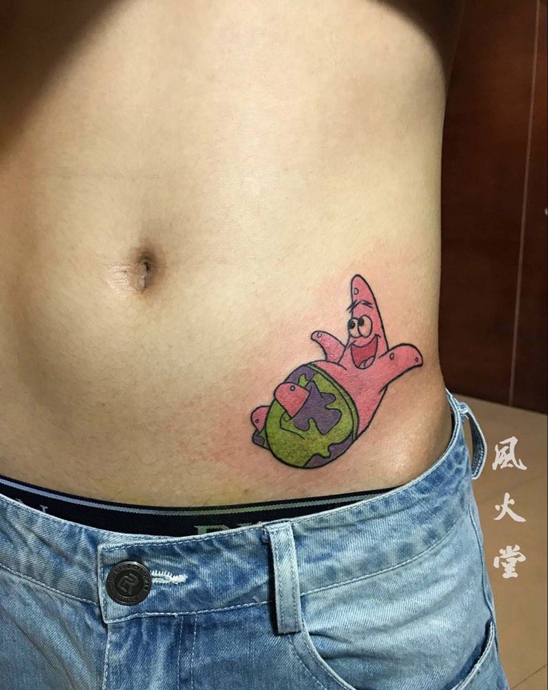 萌萌派大星纹身图片_成品腹部清新动物纹身图案