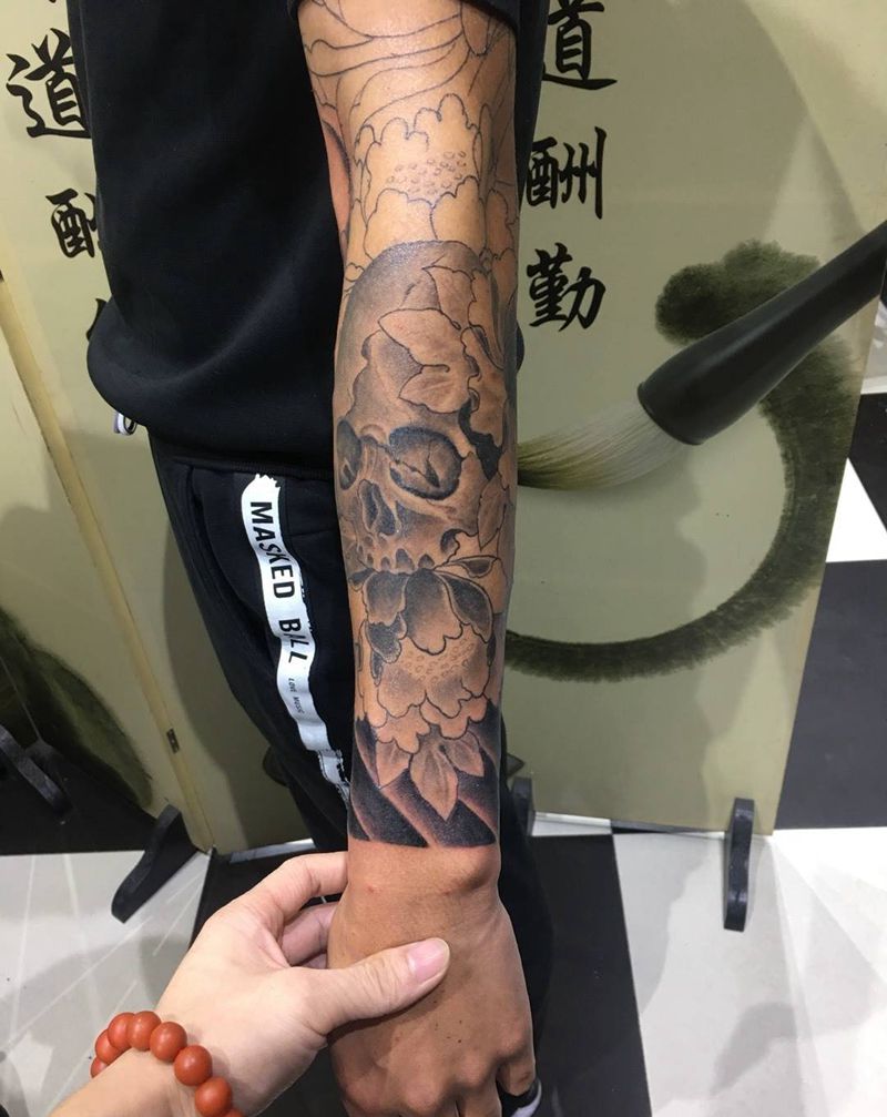 艺妓骷髅花臂纹身图片