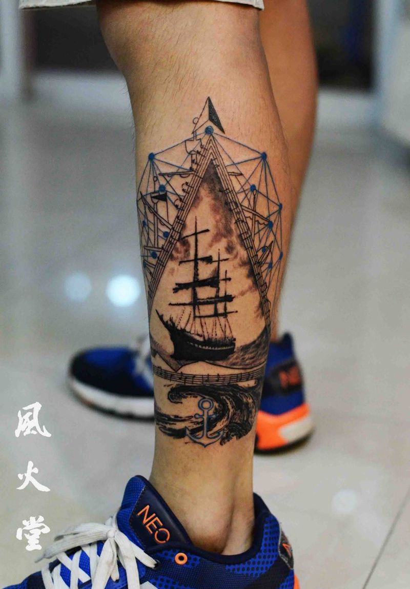 帆船纹身纹身图片_成品腿部欧美静物纹身图案