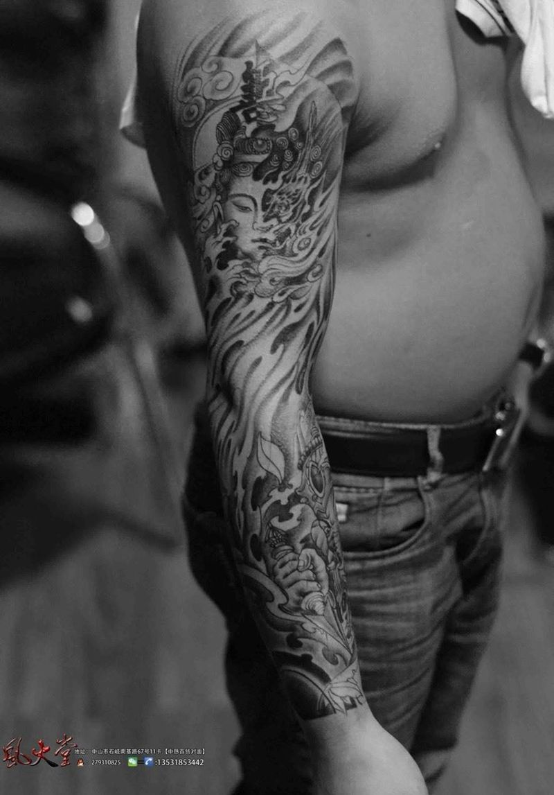象神花臂纹身纹身图片_成品手臂传统人物鬼神纹身图案