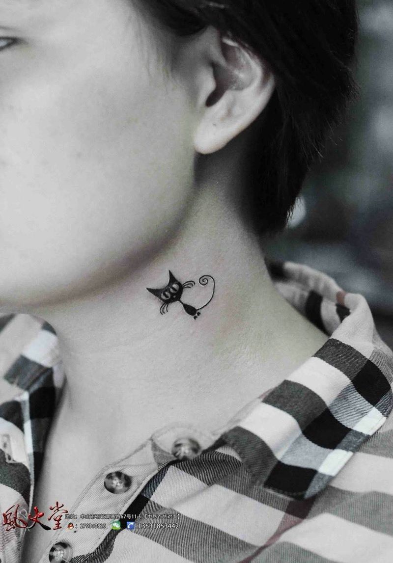 猫咪纹身 遮盖纹身纹身图片_成品颈部清新动物纹身图案