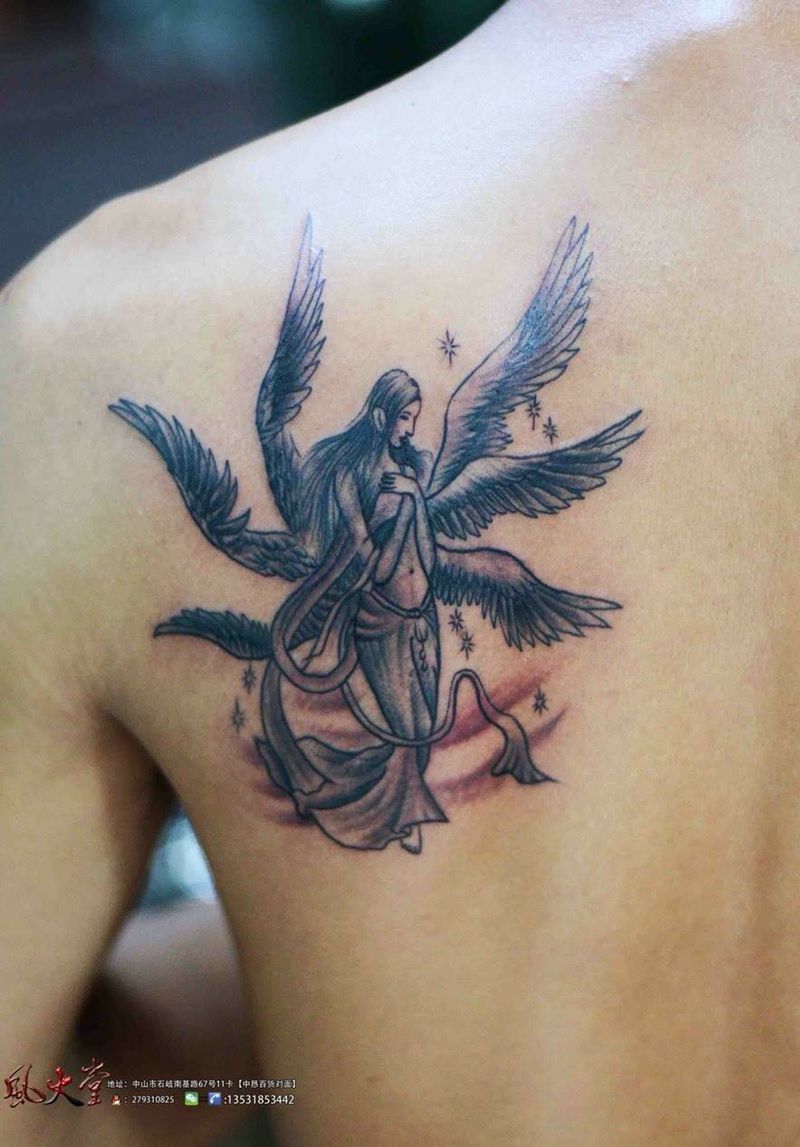 六翼天使纹身纹身图片_成品肩部传统人物鬼神纹身图案