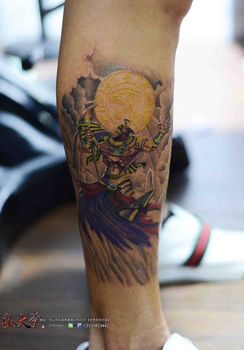 太阳神纹身纹身图片_成品腿部欧美人物鬼神纹身图案