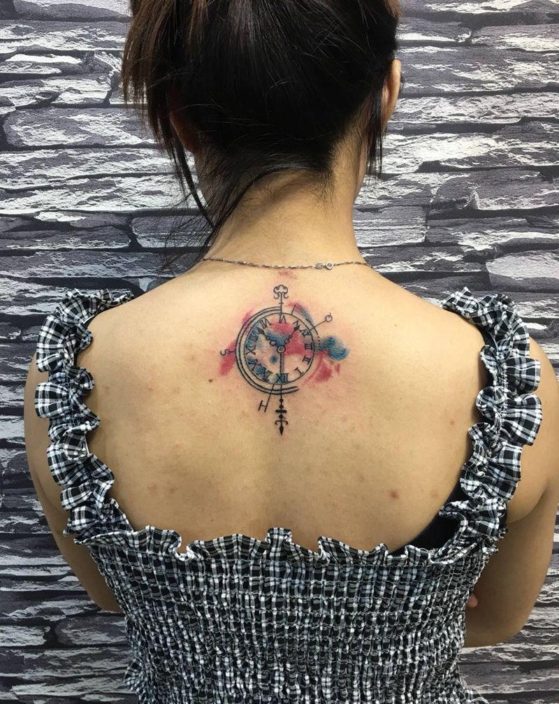彩色泼墨时钟纹身图片