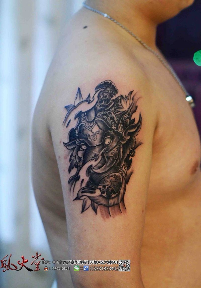 象神纹身图片_成品手臂传统鬼神纹身图案