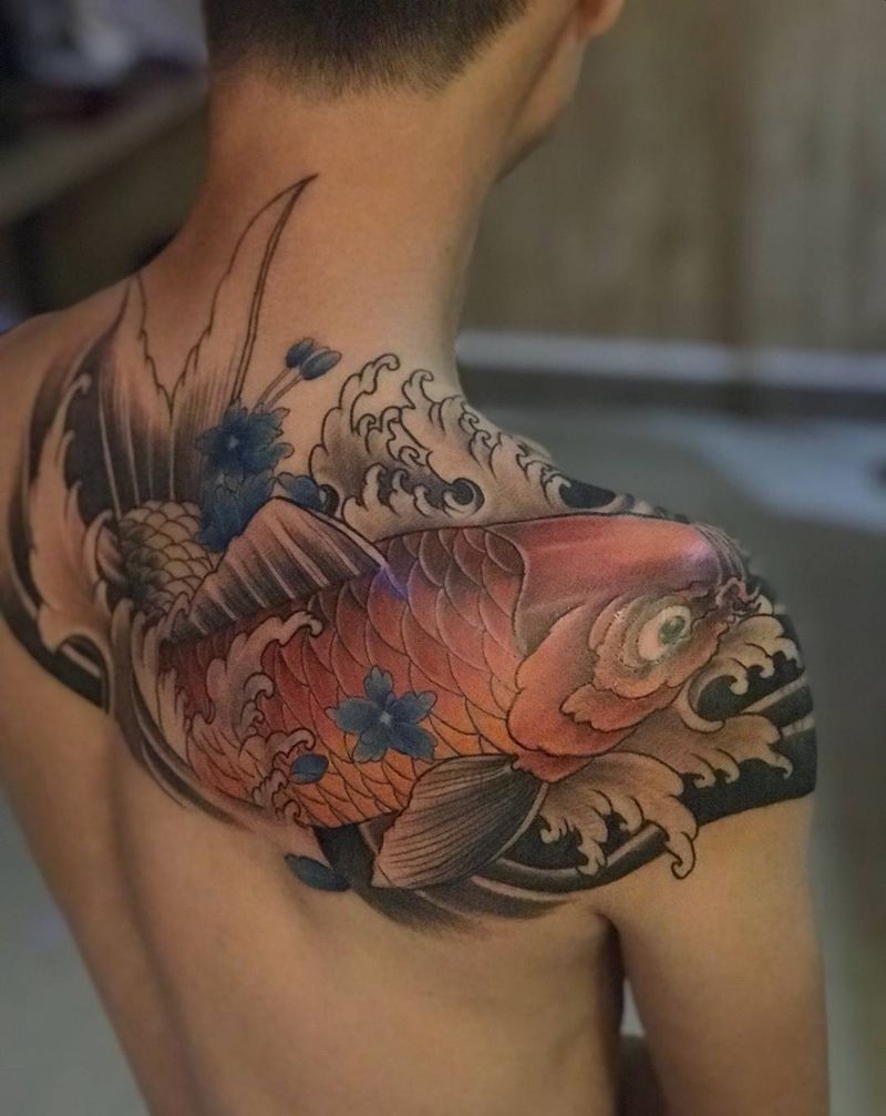 鲤鱼遮盖未完待续纹身图片_成品肩部传统动物纹身图案