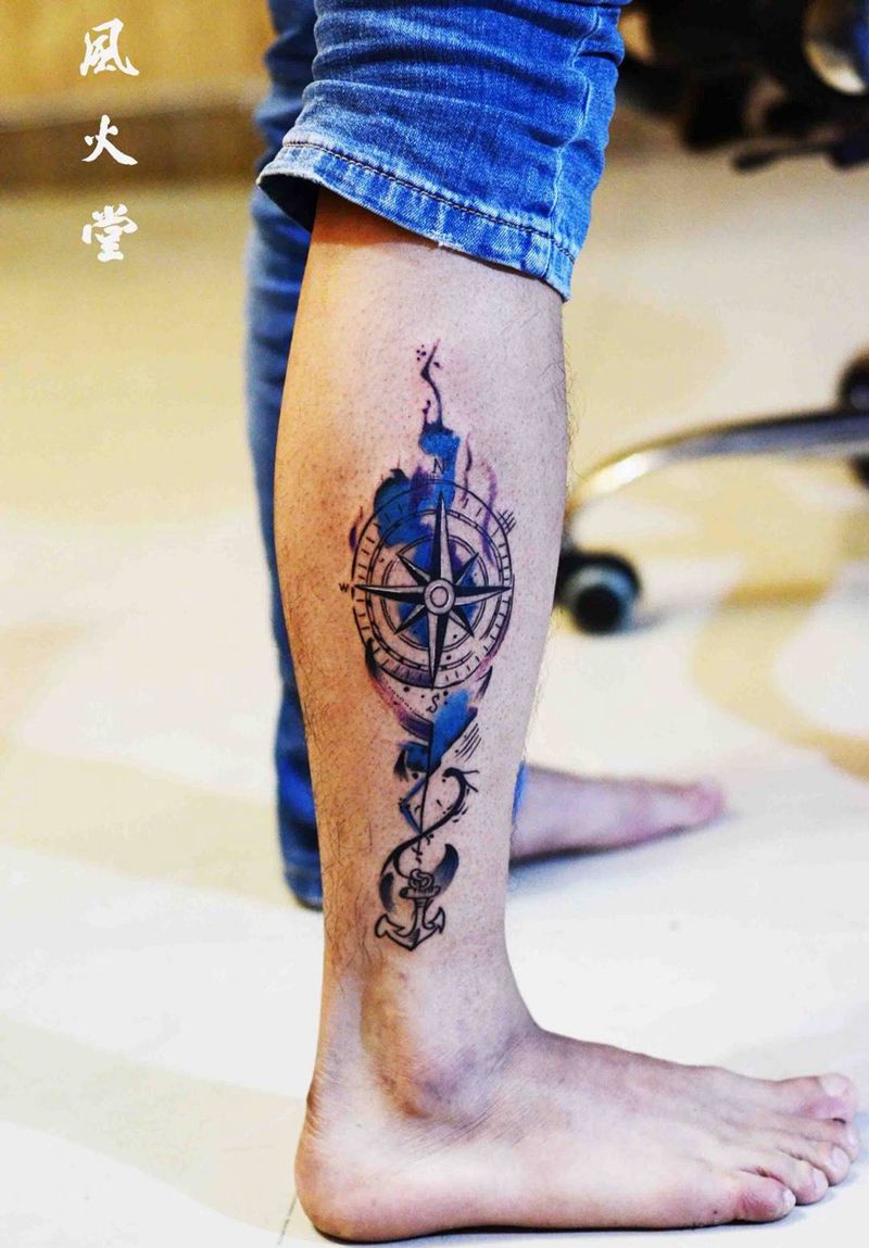 指南针纹身纹身图片_成品腿部欧美静物纹身图案