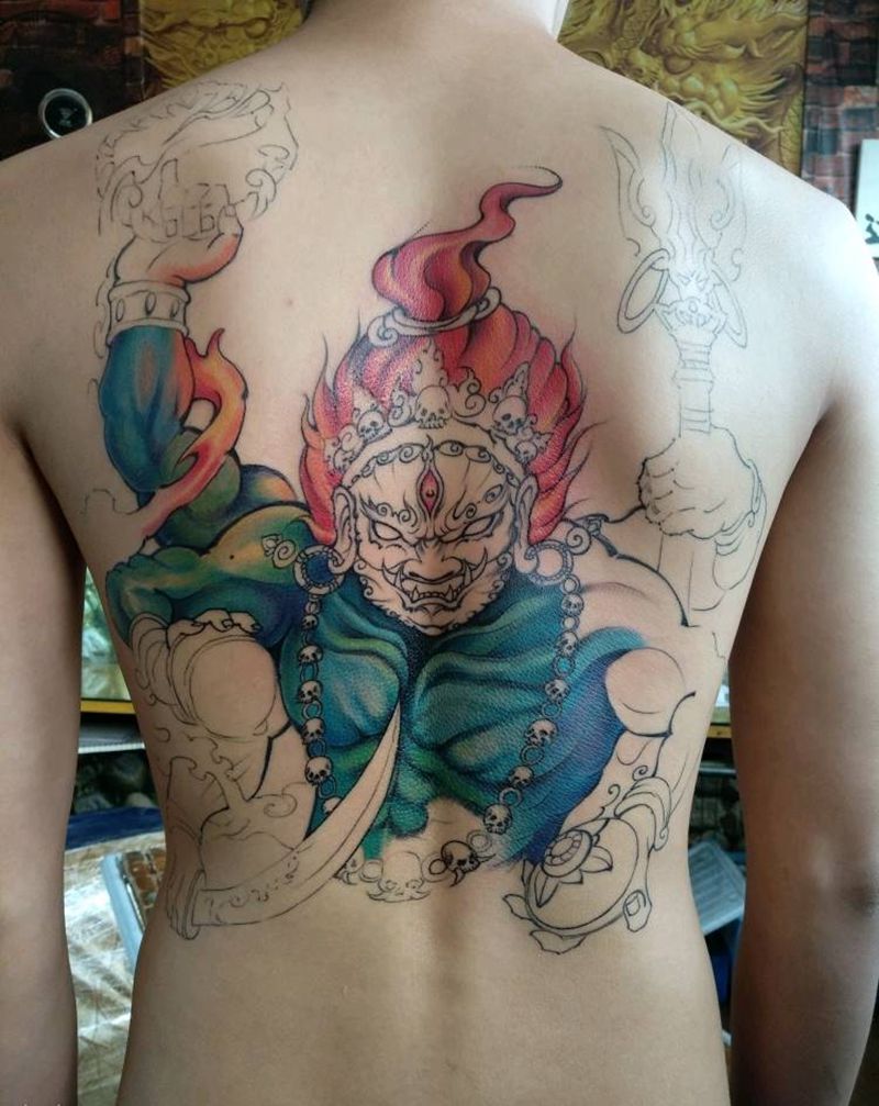 满背未完成纹身图片_颈部背部老传统新传统纹身图案