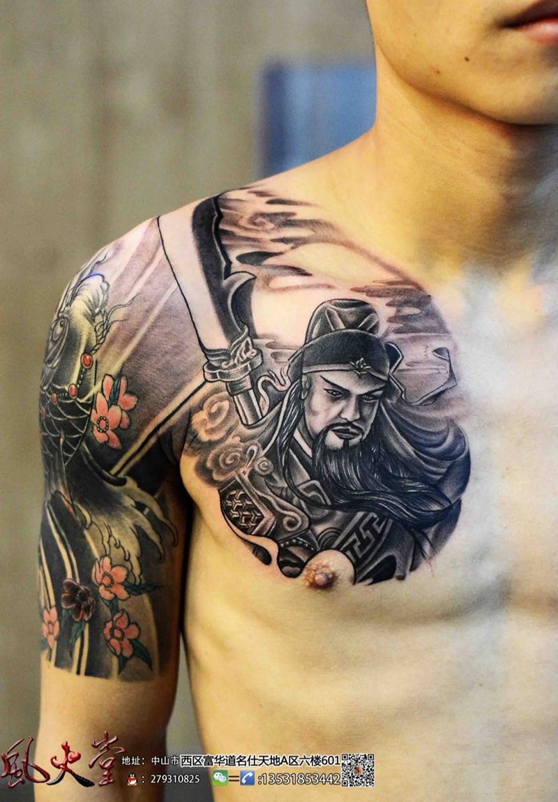 半甲纹身纹身图片_成品手臂胸部传统人物动物纹身图案