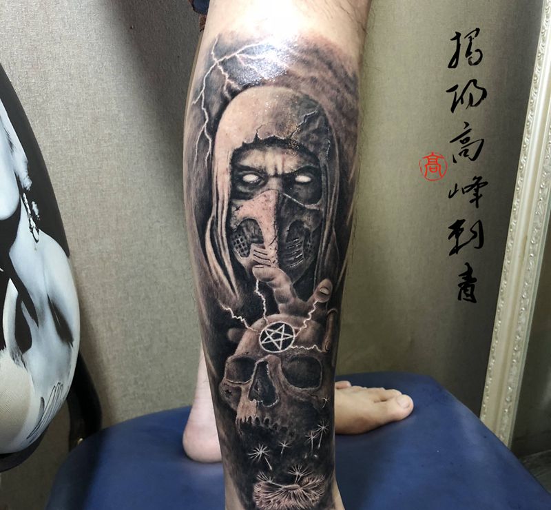 召唤纹身图片_腿部欧美写实纹身图案