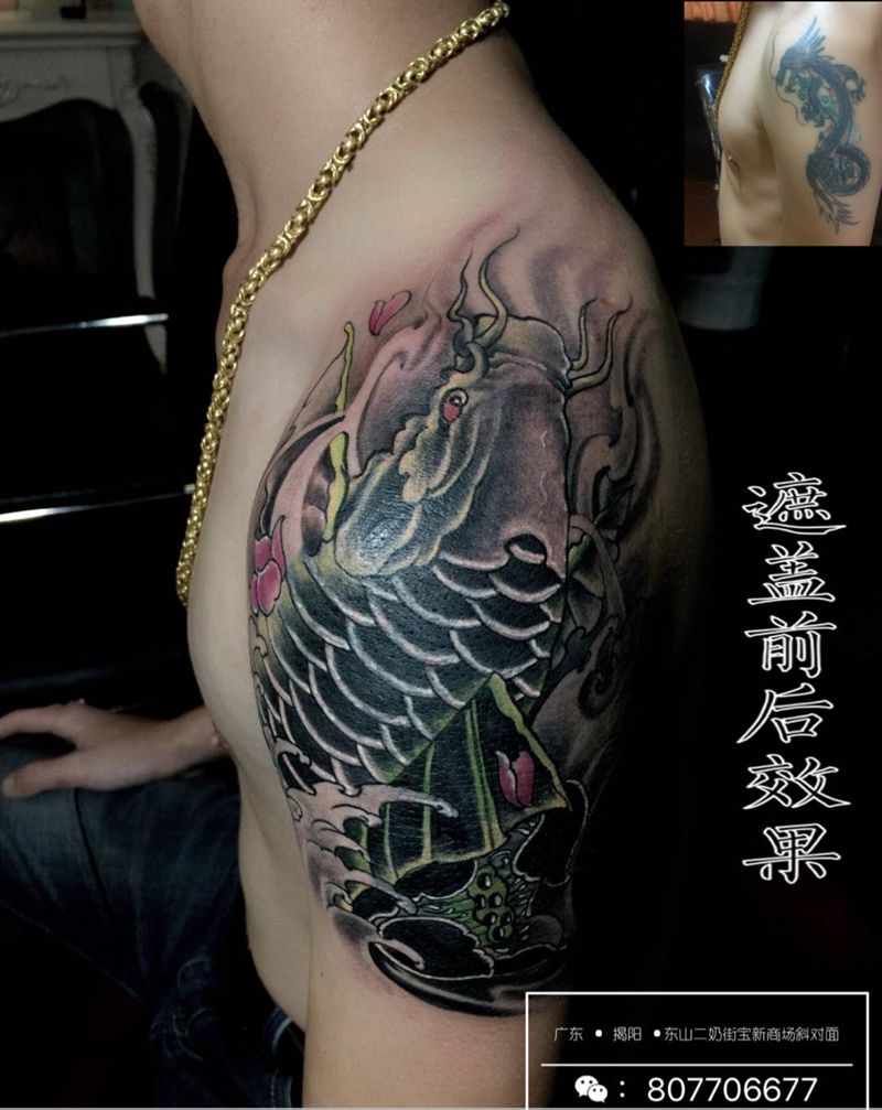 鱼、遮盖前后纹身图片_成品手部手臂原创揭阳纹身图案