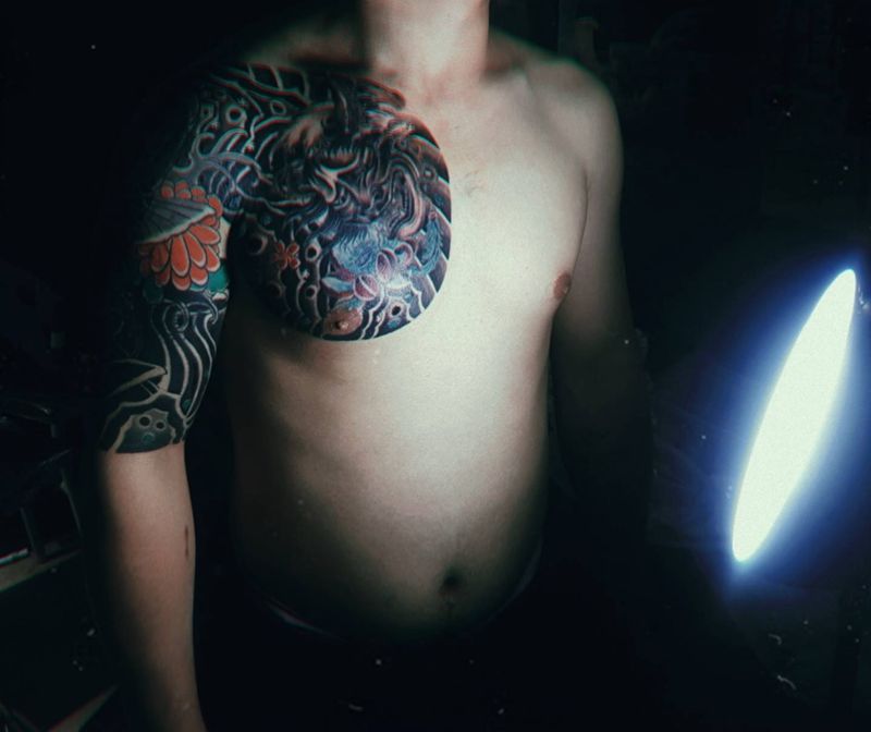 大臂遮盖，般若线条非本人作品纹身图片_手臂老传统纹身图案