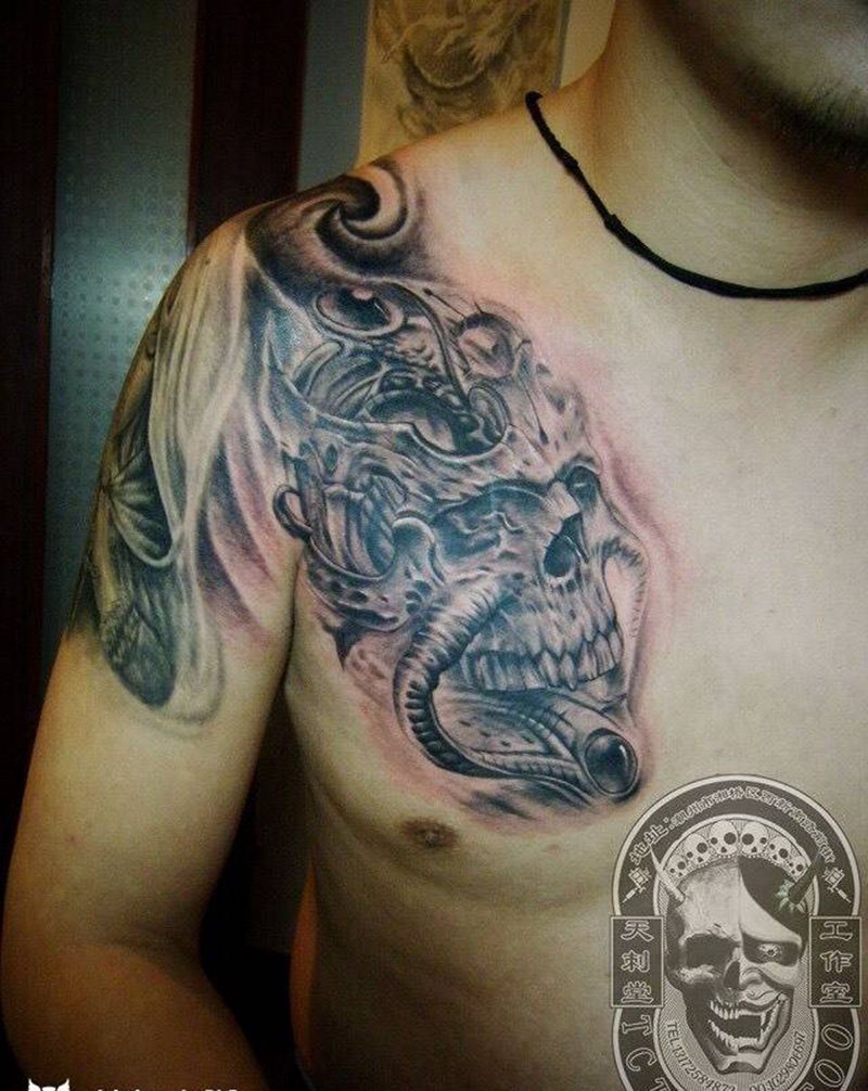 骷髅纹身图片_成品胸部欧美纹身图案